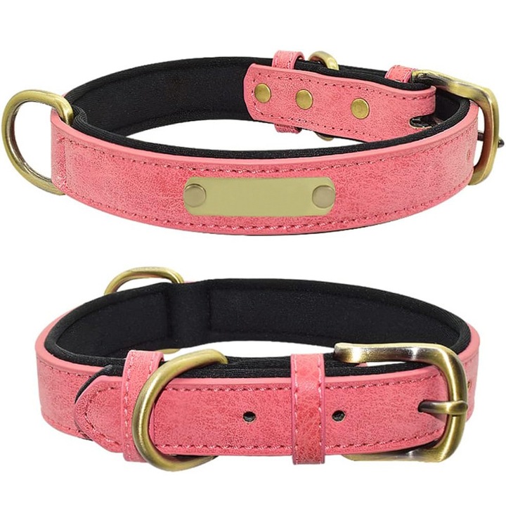 Zgarda Retro Caine, Tablita personalizabila, Marime M, Lungime 42cm, Leather look, Roz