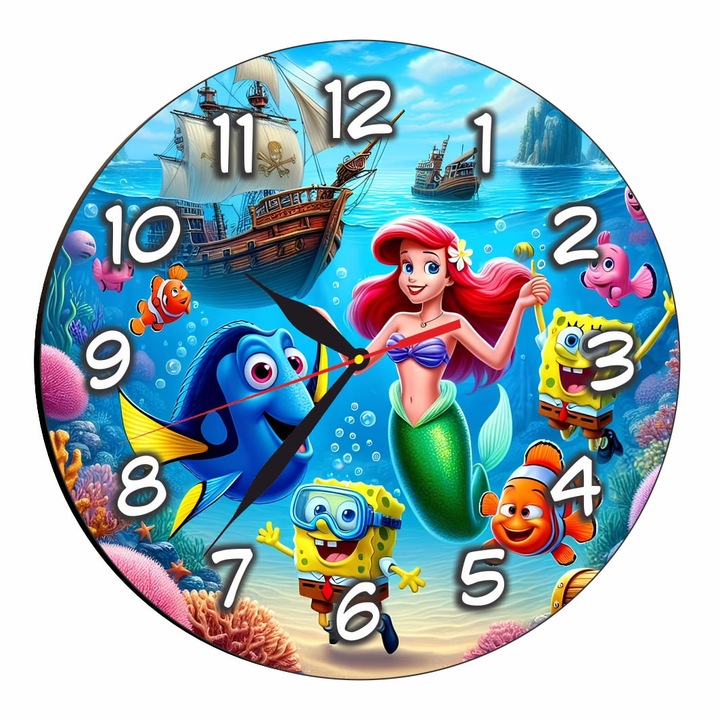 Дисни Часовник Спонджбоб, Малката русалка, Немо, дърво, 40 см, CSDUV126