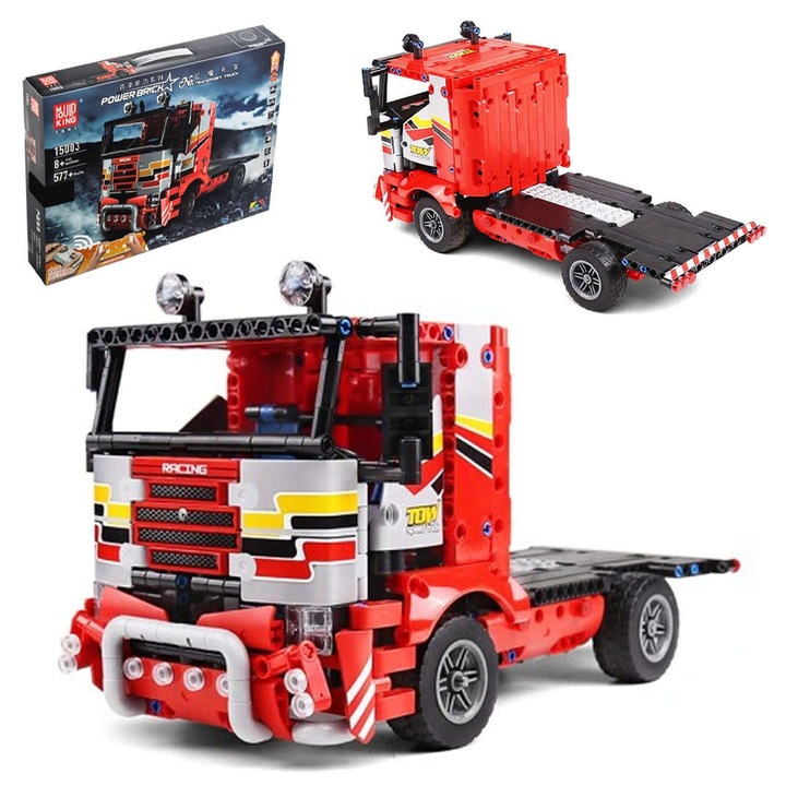 Távirányítós teherautó építőkészlet, 577 darab, applikációval vagy távirányítóval vezérelhető, részletes modell