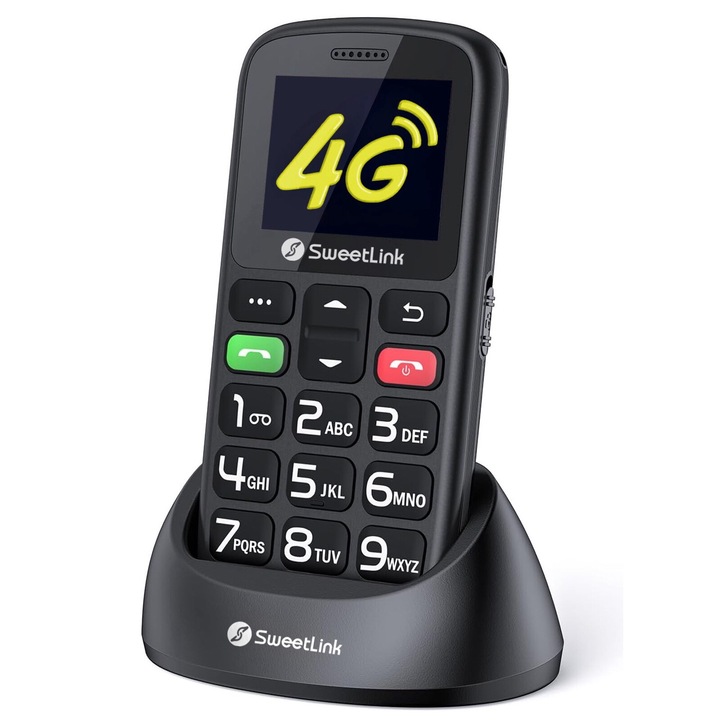 SweetLink S2 Plus -4G Мобилен телефон за възрастни хора, меню на румънски, големи бутони, SOS бутон, 1400 mAh, За възрастни хора, SOS бутон, фенерче, радио, стойка за зареждане, черен