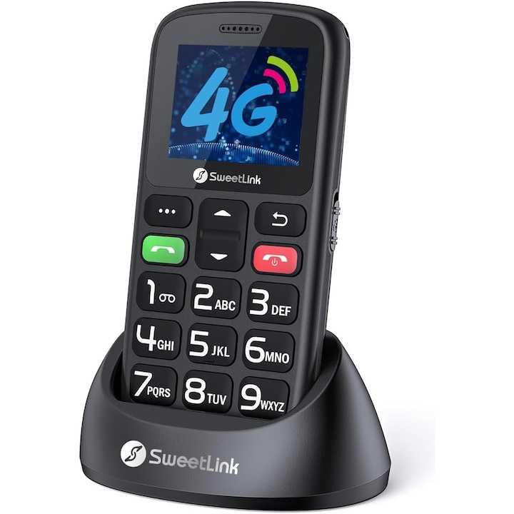 SweetLink S2 Plus - 4G Мобилен телефон за възрастни хора, меню на румънски език, големи бутони, SOS бутон, 1400 mAh, за възрастни, SOS бутон, фенерче, радио, поставка за зареждане, черен
