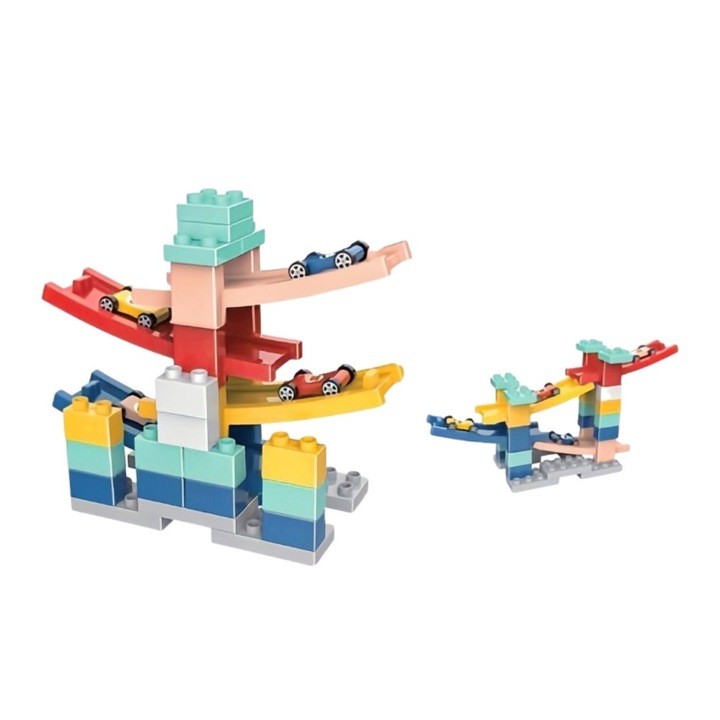 Set de construit, cuburi de construit, ABS cu rampa, 4 masinute incluse, 30 piese, multicolor