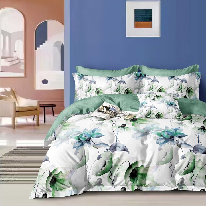 Икономично двойно спално бельо 4 части, чаршаф 230x250 см и завивка 200x230 см, 2 калъфки за възглавници 50x70, Зелен флорален принт ECN26