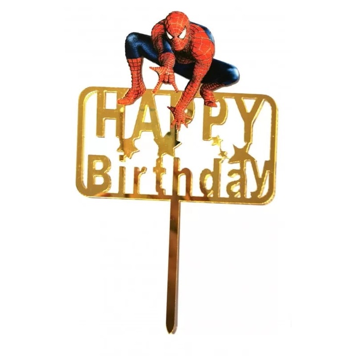Topper tort acrilic Cake Land Happy Birthday Spider Man, auriu, 17x10,5cm