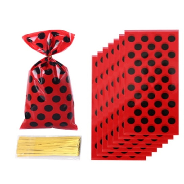 Pungi pentru prajituri, Cake Land, 12x27 cm, 100 buc, rosii cu buline negre, cu panglica aurie