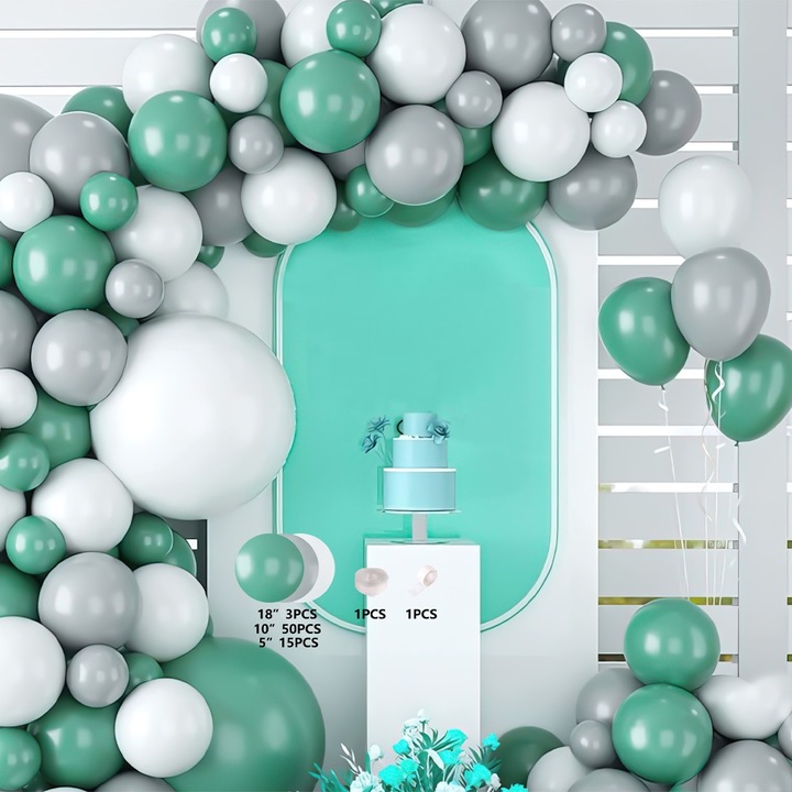 Комплект балонна арка 70 бр бяло, сиво и зелено