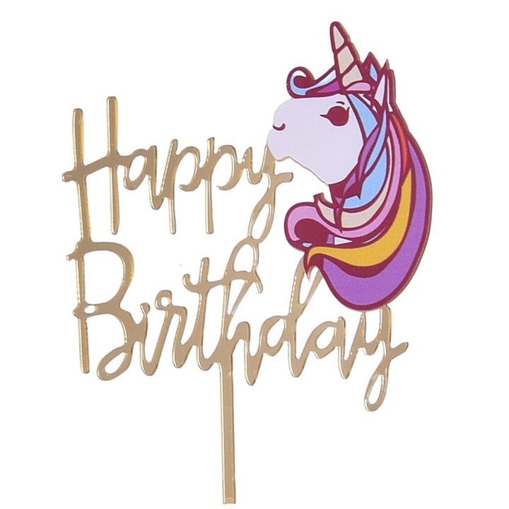 Topper tort acrilic Cake Land, Happy Birthday, unicorn, auriu, 14x11,5cm