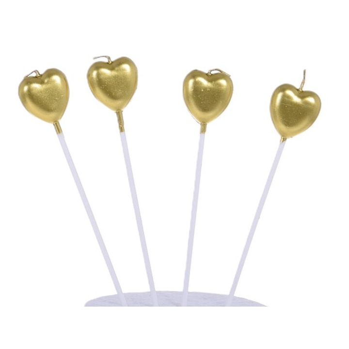 Комплект от 4 златни свещи за торта във формата на сърце, Cake Land, 3 см диаметър, 14 см дължина