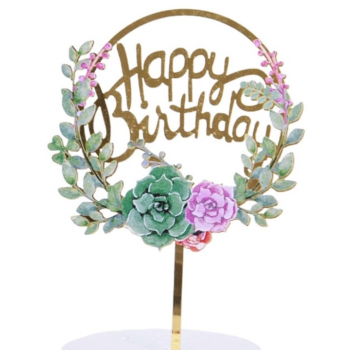 Topper tort, Cake Land, Честит Рожден Ден, цветя, 12x18cm