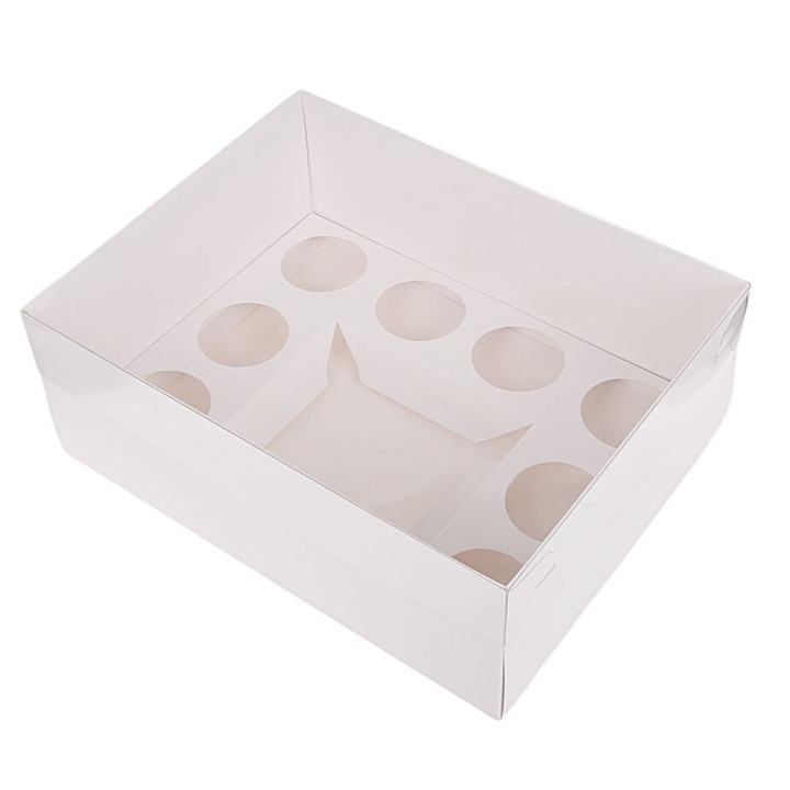 Cutie alimentara Cake Land Bento Box XL, 33x26x13cm, alb-transparent, pentru 8 muffini si mini tort