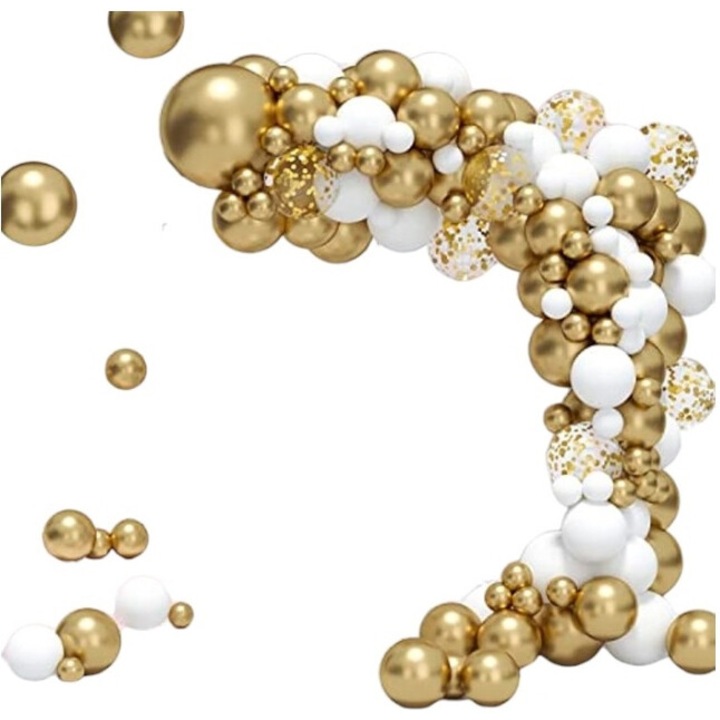 Léggömb füzér, Cake Land, 91 darabos szett, fehér és arany, konfetti léggömbök, különböző méretek