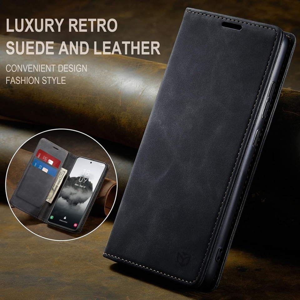 Husa pentru Google Pixel 9a, SKYDDAR INNOVATION, Soft Wallet, tip Carte din piele Eco Premium, cu Portofel Interior, Negru, set cu sticker