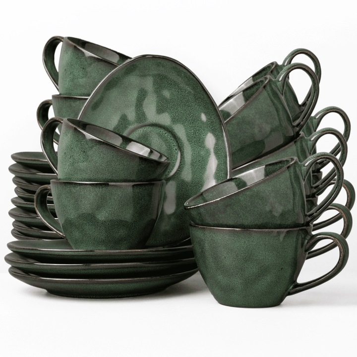 Serviciu de cafea verde Uminami pentru 12 persoane 24 buc. Set de cesti si farfurioare moderne, lavabile in masina de spalat vase