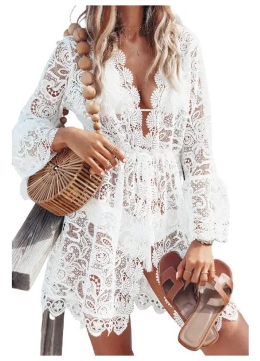 Strandpareo, Biglistening, feher, himzessel es harang alaku ujjakkal, huzozsinorral a derekan, mely V-nyakkivagassal, Fehér