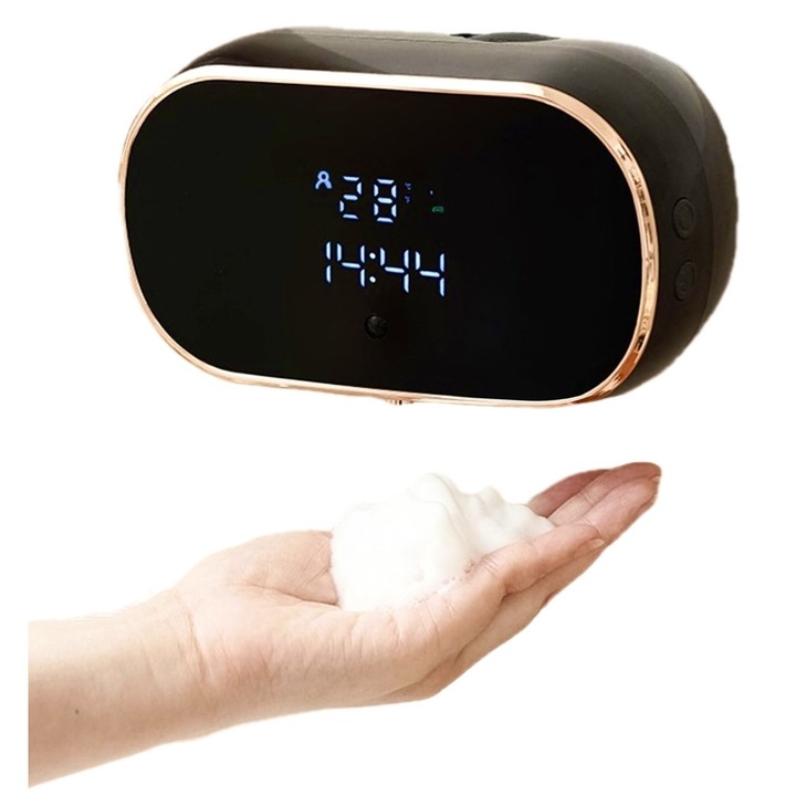 Automatikus habszappan adagoló, BIGLISTENING®, 350 ml űrtartalom, fúrás nélküli telepítés, intelligens érzékelő, hőmérsékletkijelző, időkijelző, fali tartó, fürdőszobába, konyhába, szállodába, fekete