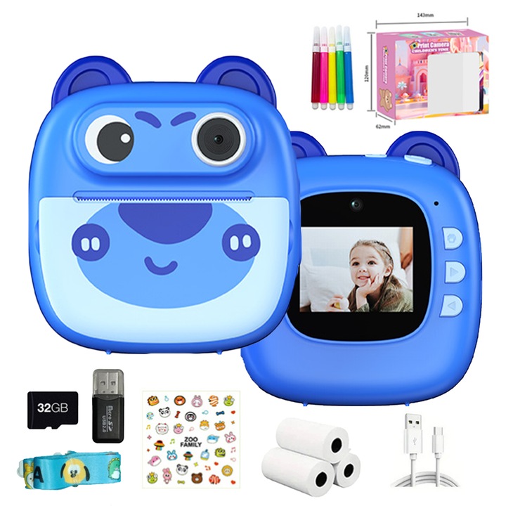 Aparat Foto-Video FULL HD pentru copii, BIGLISTENING®, functii foto, video, printare, card micro SD de 32GB, stick USB cu citire micro SD, mod selfie, 3 role de printare, 5 carioci, USB type-C, albastru