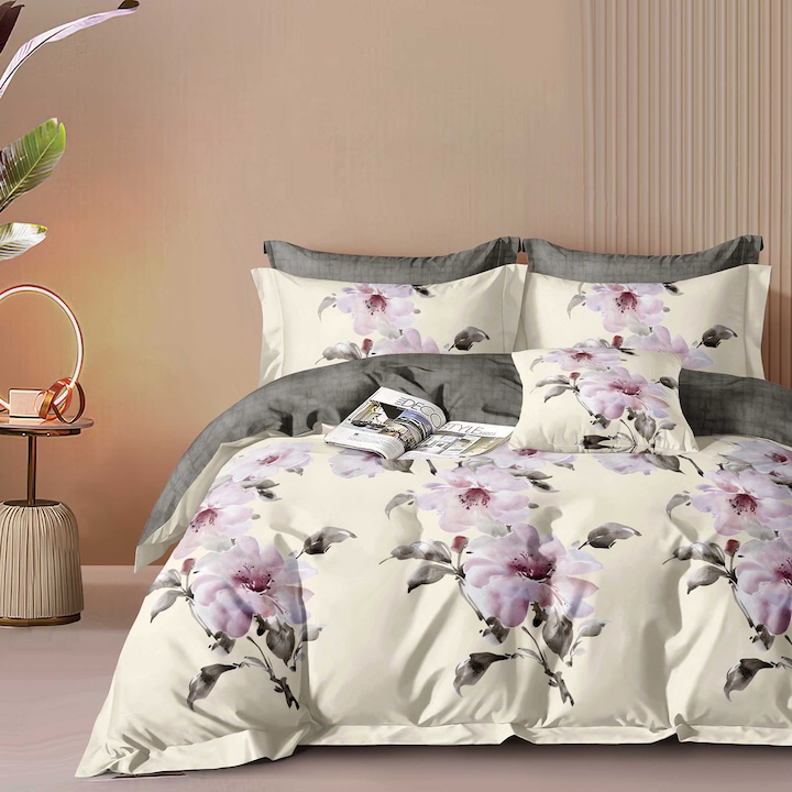 Икономично спално бельо 4 части, чаршаф 230x250 см и завивка 200x230 см, 2 калъфки за възглавници 50x70, кремав флорален мотив ECN4