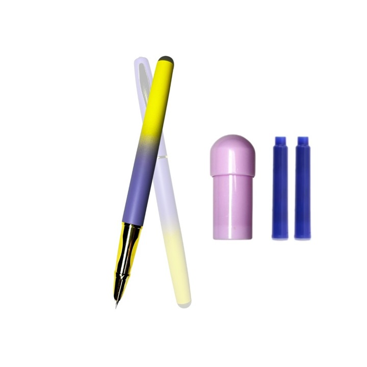 Stilou metalic degrade mov galben cu penita ascunsa si radiera Wow Shop