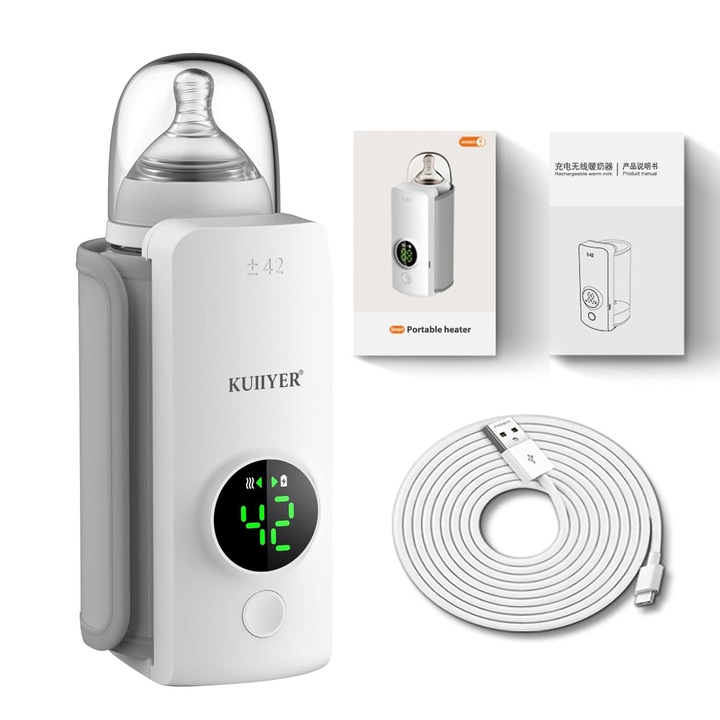 Преносим нагревател за бутилки, автоматичен термостат, 6-степенен контрол на температурата, LCD екран, 6000mAh батерия, идеален за нощно хранене, пътуване, излизане, шофиране, без BPA, сиво бял