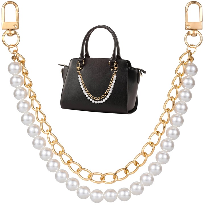 Lant maner pentru genti dama, AllizBan®, margele imitatie perla si metal, Alb/Auriu, 32cm