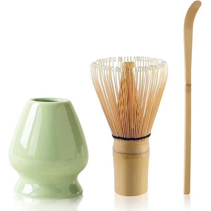 Комплект от 3 части за приготвяне на матча, японска бъркалка за чай, сервиз за чай от династията Сонг, керамика/бамбук, кафяво/зелено, комплект подаръчна кутия