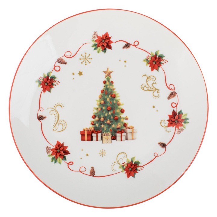Farfurie din portelan alb cu model brad & cadouri de craciun ø26.5cm