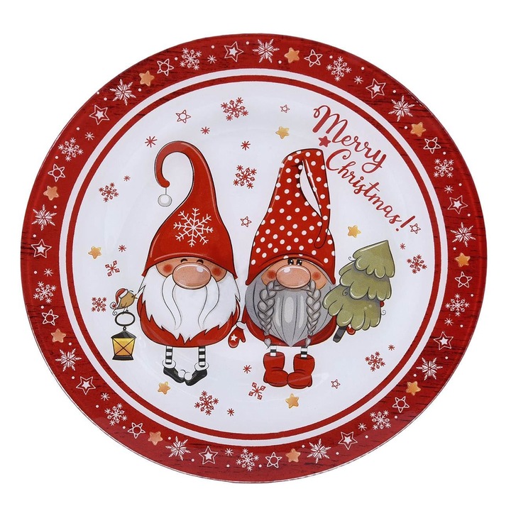 Farfurie din Sticla de Craciun Gnome "Merry Christmas" Ø26.5cm