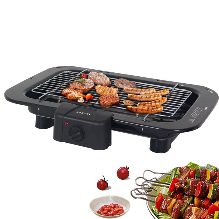 Gratar Electric Fara Fum, Sokany, 2200W, Termostat cu 5 Trepte, Suprafata Antiaderenta, Portabil, Usor de curatat, 38*22 cm, Negru