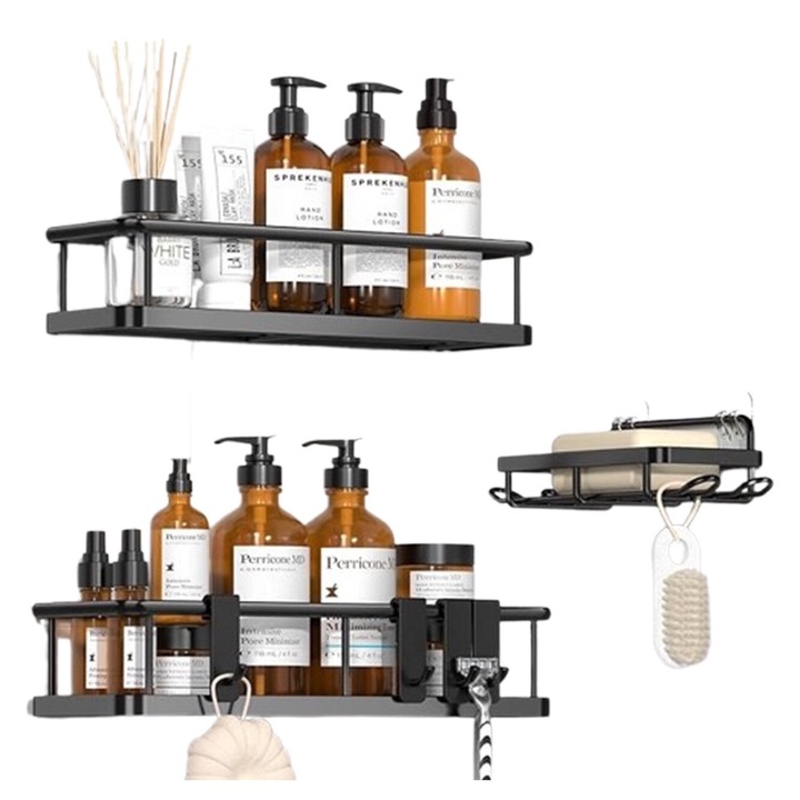 Set de 3 rafturi dus Yasonic, fara gaurire, aluminiu negru, rezistente la rugina, 4 carlige detasabile