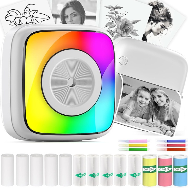 Set Mini imprimanta termica si 13 role hartie 57x25mm, Set de stilouri colorate, Bluetooth, compatibil iOS/Android, imprimare APP, NAXSIR, Alb/Albastru