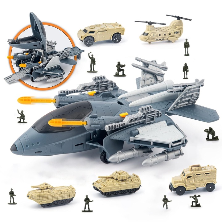 Set Avion Interactiv de Jucarie, BYONDSELF®, cu 5 Vehicule Transport, Persoane, peste 3 ani, Gri
