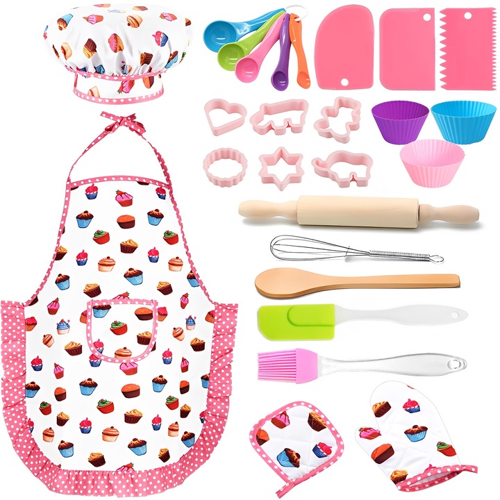 Set 27 Jucarii pentru Bucatarie pentru Copii, BYONDSELF®, cu Sort/Pasca pentru Tort/Ot/Razuita/Spatula, Culori Asortate