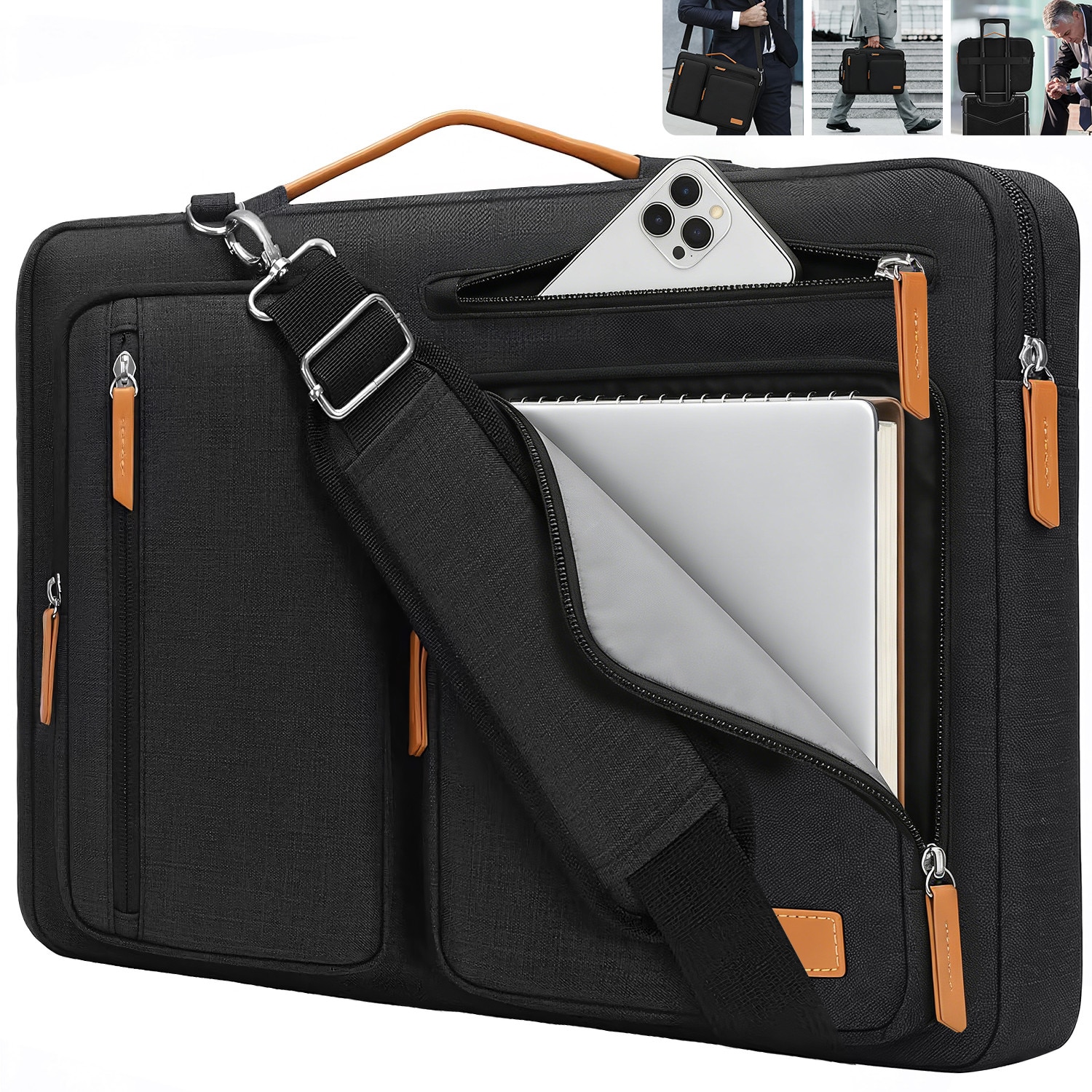 Geanta de umar pentru laptop, BYONDSELF®, 15-15, 6 inchi, compatibila cu laptop-uri MacBook Pro 16, HP, Dell, Lenovo, Asus, geanta cu deschidere laterala, cu 4 buzunare si maner cu fermoar, Negru
