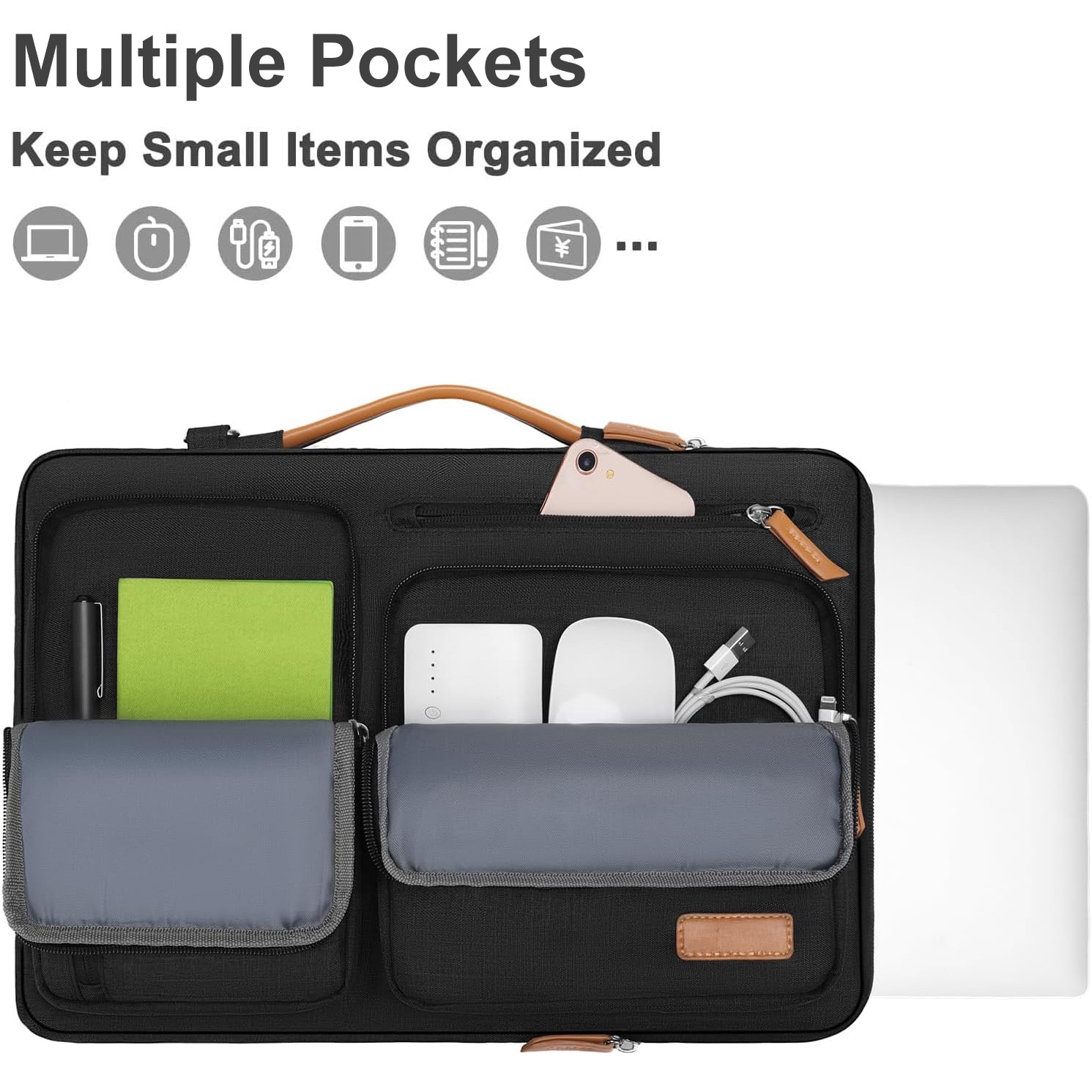 Geanta de umar pentru laptop, BYONDSELF®, 15-15, 6 inchi, compatibila cu laptop-uri MacBook Pro 16, HP, Dell, Lenovo, Asus, geanta cu deschidere laterala, cu 4 buzunare si maner cu fermoar, Negru