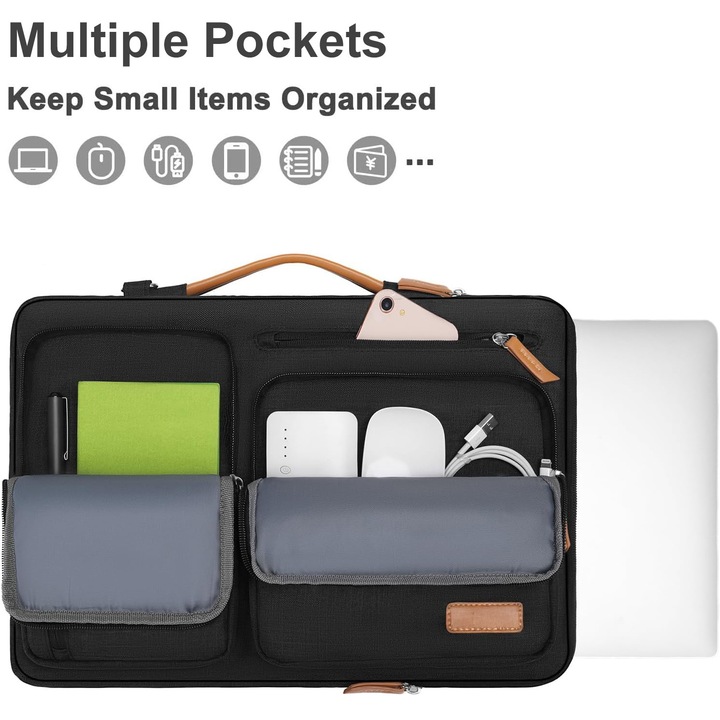 Laptop válltáska, BYONDSELF®, 15-15,6 hüvelyk, kompatibilis MacBook Pro 16, HP, Dell, Lenovo, Asus laptopokkal, oldalra nyíló táska, 4 zsebbel és cipzáras fogantyúval, fekete