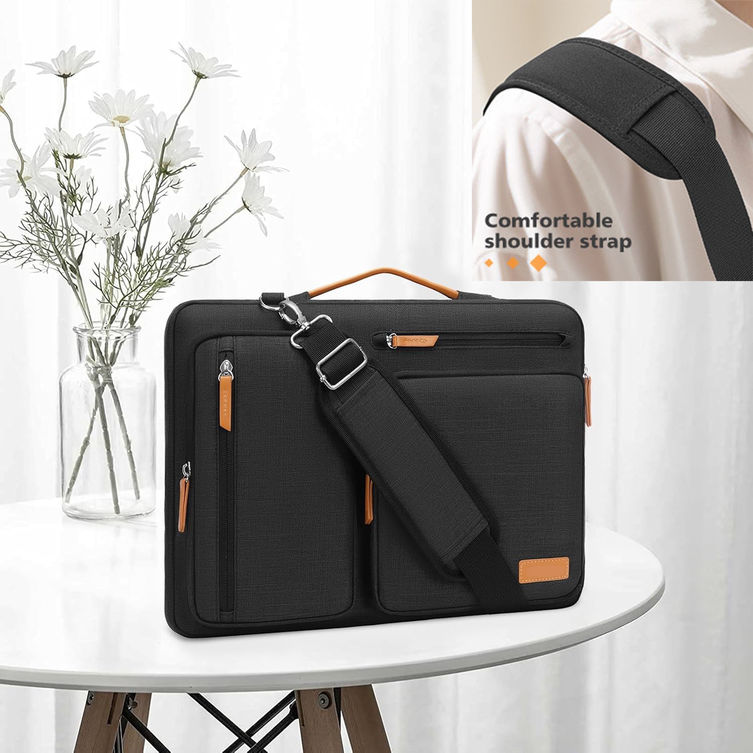 Geanta de umar pentru laptop, BYONDSELF®, 15-15, 6 inchi, compatibila cu laptop-uri MacBook Pro 16, HP, Dell, Lenovo, Asus, geanta cu deschidere laterala, cu 4 buzunare si maner cu fermoar, Negru