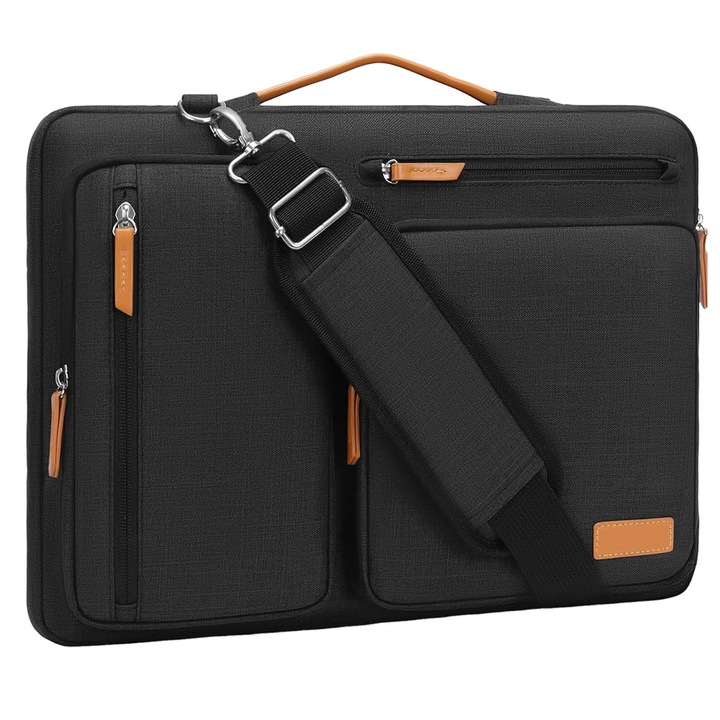 Geanta de umar pentru laptop, BYONDSELF®, 15-15, 6 inchi, compatibila cu laptop-uri MacBook Pro 16, HP, Dell, Lenovo, Asus, geanta cu deschidere laterala, cu 4 buzunare si maner cu fermoar, Negru