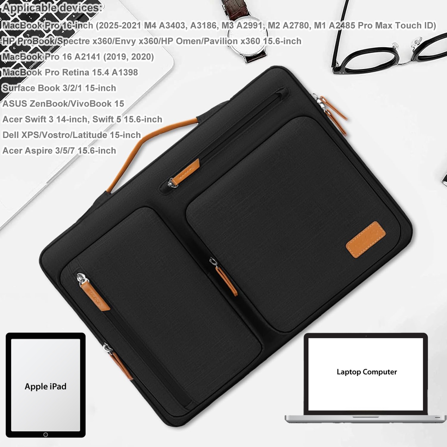 Geanta de umar pentru laptop, BYONDSELF®, 15-15, 6 inchi, compatibila cu laptop-uri MacBook Pro 16, HP, Dell, Lenovo, Asus, geanta cu deschidere laterala, cu 4 buzunare si maner cu fermoar, Negru