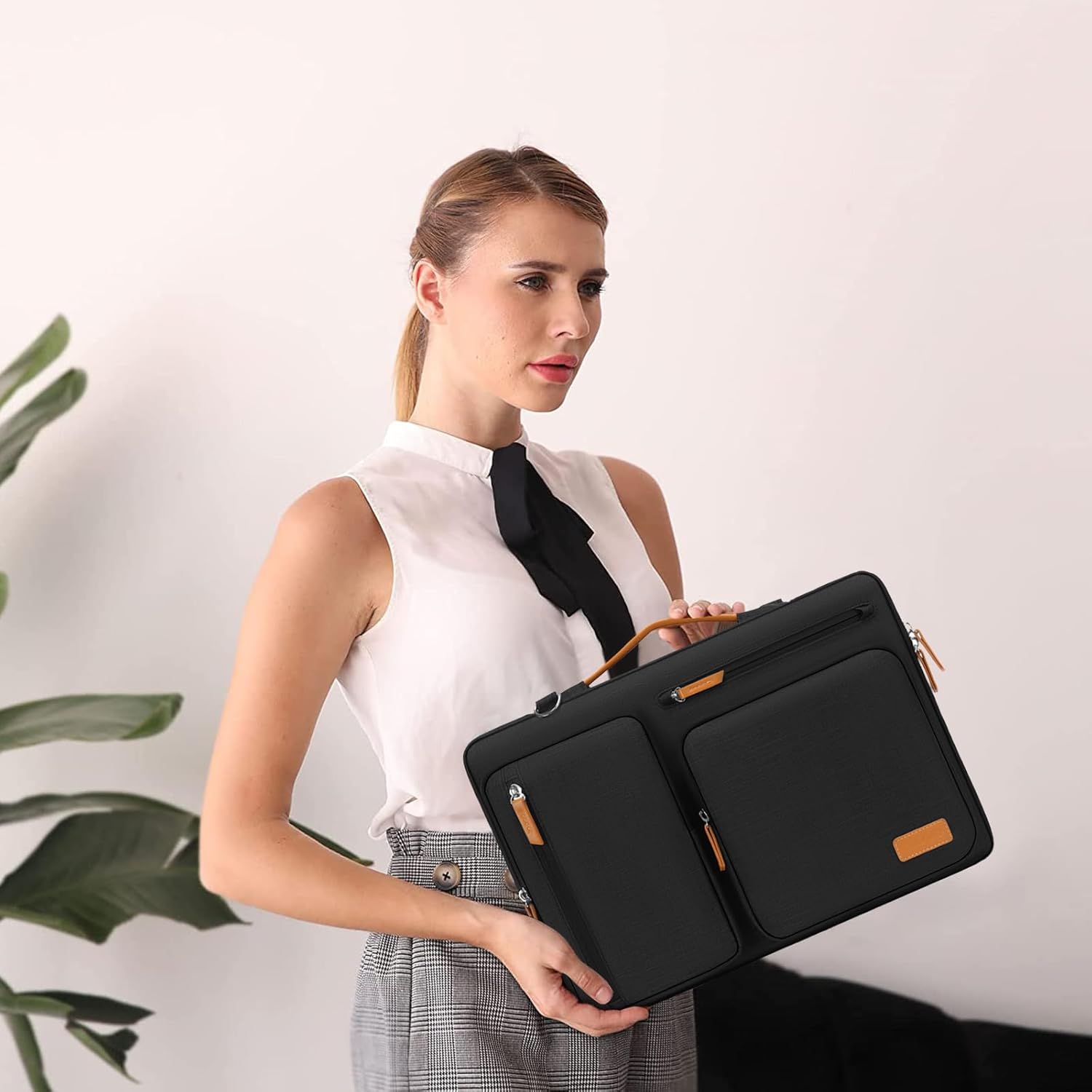 Geanta de umar pentru laptop, BYONDSELF®, 15-15, 6 inchi, compatibila cu laptop-uri MacBook Pro 16, HP, Dell, Lenovo, Asus, geanta cu deschidere laterala, cu 4 buzunare si maner cu fermoar, Negru
