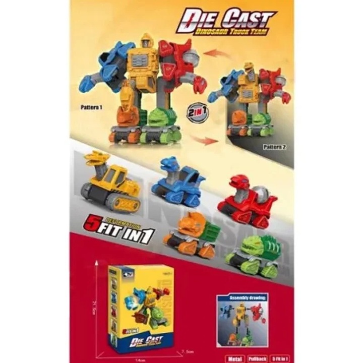 5 в 1 деформируем динозавър, комплект от 5 многоцветни коли, робот 19x12x18 см