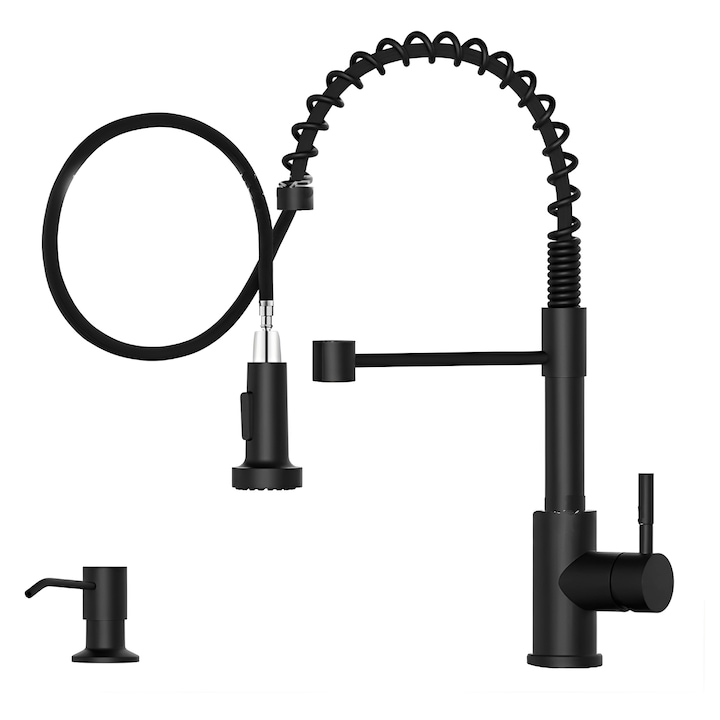 Konyhai csaptelep, BYONDSELF®, rugós, lehúzható, dupla fogantyú konyhai mosogatóhoz, hideg-meleg spray, szappanadagolóval, fekete