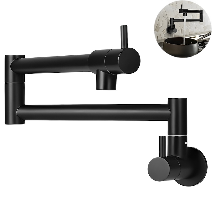 Konyhai csaptelep, BYONDSELF®, Összecsukható, Rozsdamentes acél, Tűzhely fölé, edények feltöltéséhez, dupla illesztésű forgókarral, Matt fekete