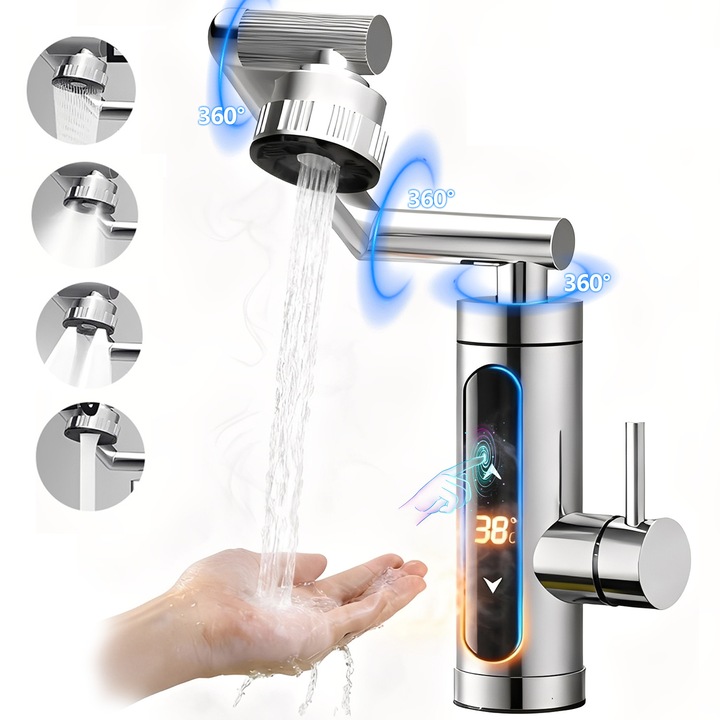 Robinet Electric Instant, BYONDSELF®, Ecran tactil termostatic, Brat robot, cu protectie impotriva scurgerilor, 4 tipuri de pulverizare, rotatie 360°, 3300W, cu afisare a temperaturii, Maxim 55°C, Argintiu