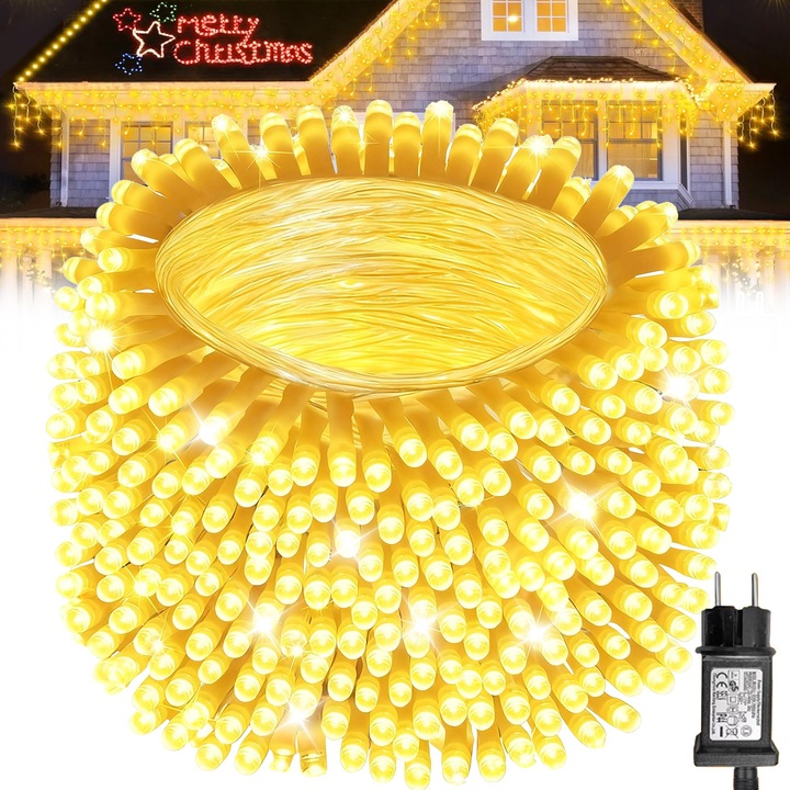 Instalatie De Craciun, BYONDSELF®, 50 m, 400 LED, 8 moduri, Iluminat alb cald, Sarma de cupru rezistenta la apa, Ideale pentru dormitor, Sufragerie, Gradina, Petreceri sau decoratiuni de nunta