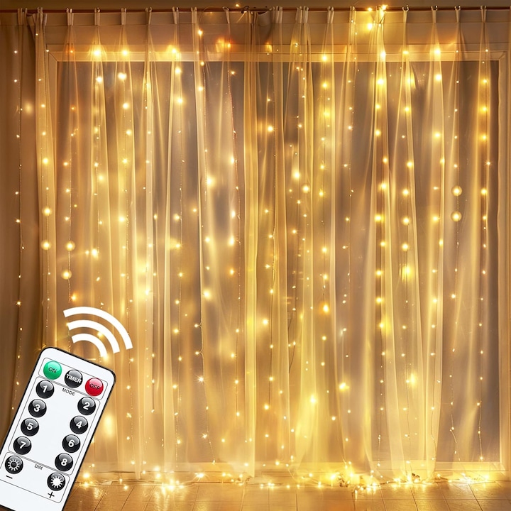 Lumini decorative de Craciun, BYONDSELF®, 3m x 3m, 8 moduri, Lumini tip cortina, Alimentate prin USB, cu carlig, Rezistente la apa, cu telecomanda, Potrivite pentru utilizare atat in interior, Cat si in exterior, Iluminat alb cald