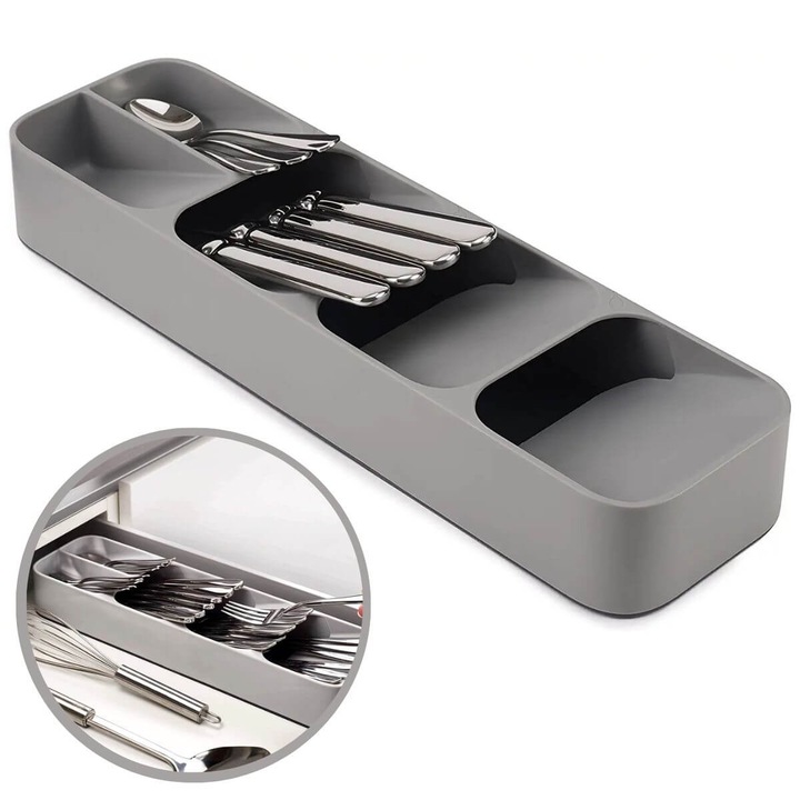 Organizator multifunctional, BYONDSELF®, Pentru depozitare compacta a tacamurilor in sertarele de bucatarie, Tava mica pentru tacamuri, Culoare gri