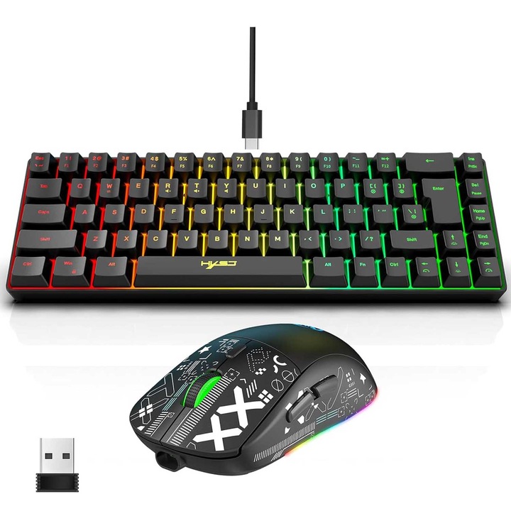 Комплект кабелна механична клавиатура и мишка от 2 части, BYONDSELF®, K68 Mini Membrane Gaming Keyboard, 3600 DPI, 11 RGB шаблона, подходяща за игри и офис, черна