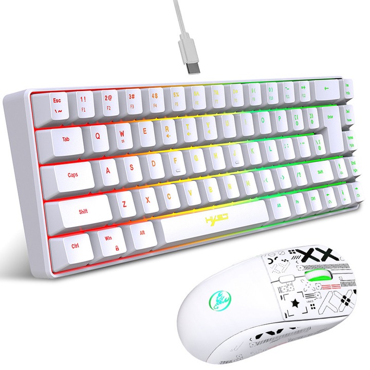 Комплект кабелна механична клавиатура и мишка, BYONDSELF®, K68 Mini Membrane Gaming Keyboard, 3600 DPI, 11 RGB шаблона, подходяща за игри и офис, бяла