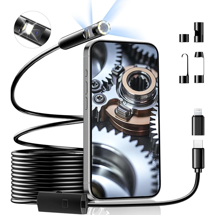 Camera Endoscopica De Inspectie, BYONDSELF®, Dubla Lentila, 8 LED Reglabile, 1920P HD, 5M Cablu Flexibil, 8mm Camerei, Zoom Reglabil, impermeabila, Portabil, pentru Telefon