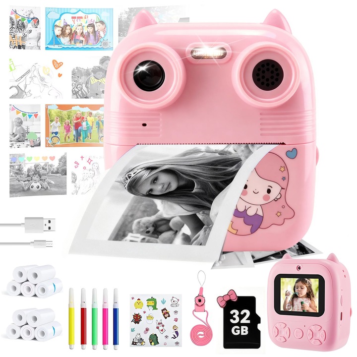 Aparat Foto Instant Copii, BYONDSELF®, Card SD 32G, 48PX, 1080P HD, Zoom 5x, 2.4 inch, 2 Camere, Functia Selfie, 1500mAh, cu 5 Colorate, 10 Hartie, Autocolante, Lant, 3 Jocuri, Roz